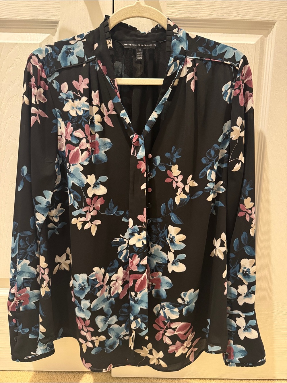 White House Black Market Black Floral Tie-Neck Blouse with Blue & Pink Blooms